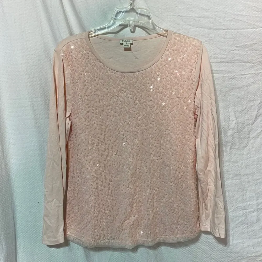J. Crew M pale pink long sleeve t sequined front plain back in 💯 cotton euc